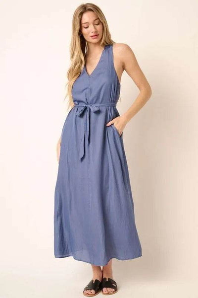 Mittoshop Cross Back Belted V Neck Tank Maxi Dress - Ebony's Shopping