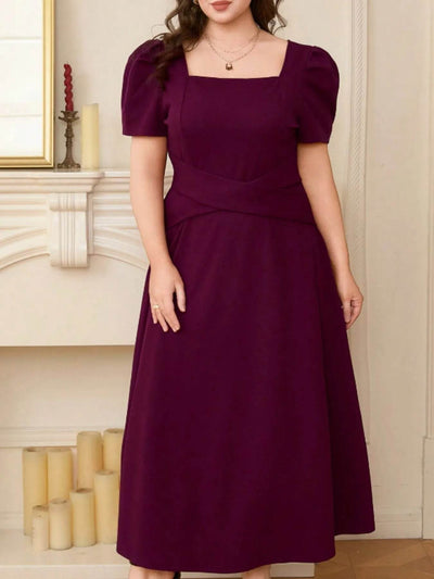 Plus Size Square Neck Puff Sleeve Midi Dress - Ebony's Shopping