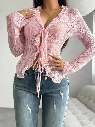 Tie Front Long Sleeve Lace Top - Ebony's Shopping
