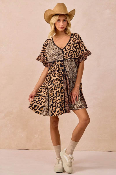 BiBi Leopard Prints Mix and Match Short Sleeves Dress - Ebony's Shopping