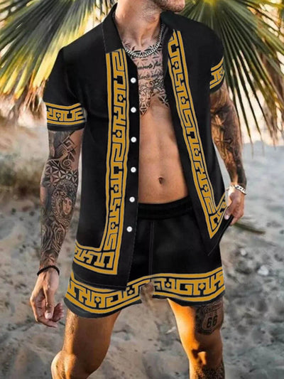 Men's Full Size Printed Collared Neck Short Sleeve Top and Shorts Set Plus Size - Ebony's Shopping