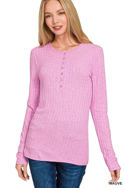 Zenana Ribbed Long Sleeve Half Button Top - Ebony's Shopping