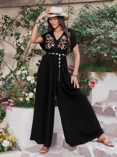 Embroidered Ruched Short Sleeve Jumpsuit - Ebony's Shopping
