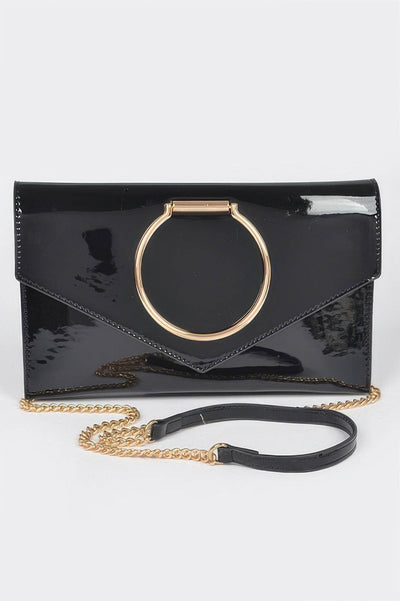 Enamel Faux Leather Metal Handle Flap Clutch - Ebony's Shopping