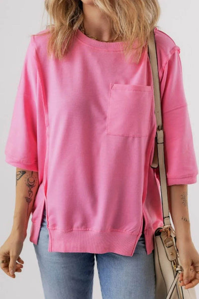 Exposed Seam Side Slit Round Neck Top - Ebony's Shopping