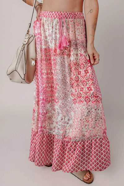 Printed Tassel Drawstring High Waist Maxi Skirt - Ebony's Shopping