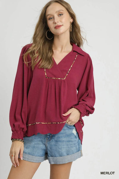 Umgee Full Size Linen Scallop Hem Blouse with Contrast Trim Plus Size - Ebony's Shopping