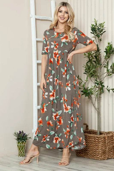 BOMBOM Floral Round Neck Short Sleeve Maxi Tee Dress - Ebony's Shopping