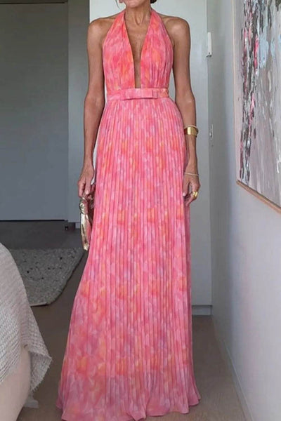 Halter Neck Pleated Maxi Dress - Ebony's Shopping