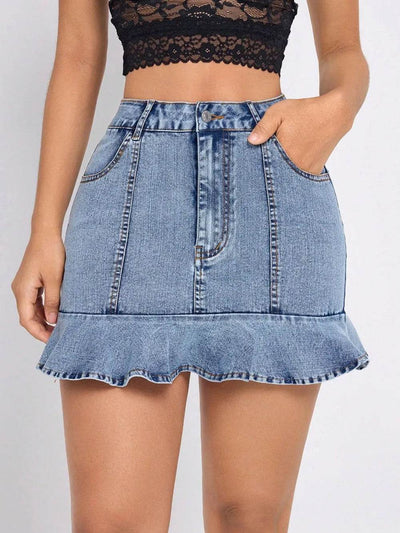 Ruffled Hem Denim Mini Skirt - Ebony's Shopping