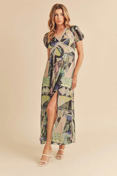 Aemi + Co Lace Detail Slit Geometric Print Short Sleeve Maxi Dress - Ebony's Shopping