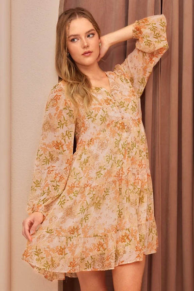 Mittoshop Floral Chiffon Babydoll Long Sleeve Mini Dress - Ebony's Shopping