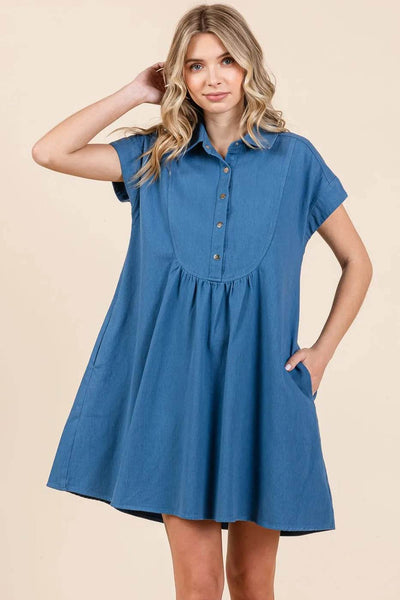 Mittoshop Twill Short Sleeve Collared Mini Dress - Ebony's Shopping