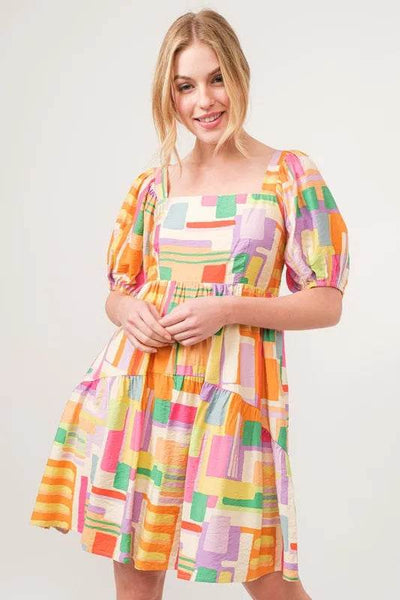 And The Why Square Neck Puff Sleeve Geo Printed Mini Dress - Ebony's Shopping