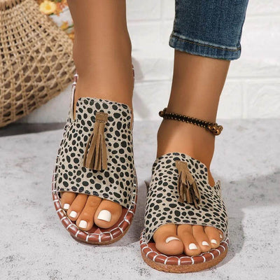 Fringe Leopard Open Toe Sandals - Ebony's Shopping