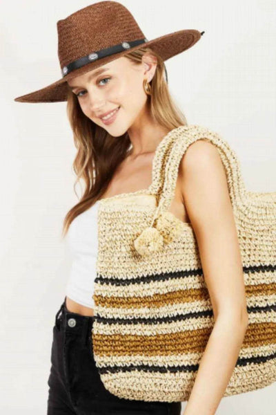 Fame Striped Straw Braided Tote Bag - Ebony's Shopping