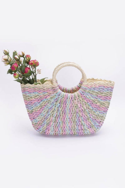 Faux Straw Multi Color Round Handle Tote Bag - Ebony's Shopping