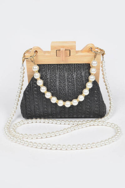 Faux Straw Wood Frame Clutch W/ Faux Pearl Chain - Ebony's Shopping