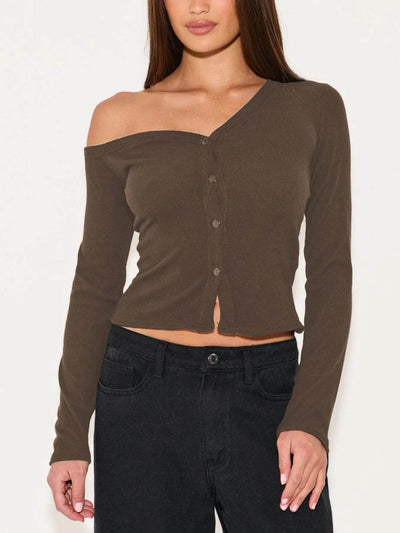 Asymmetrical Neck Button Up Cardigan - Ebony's Shopping