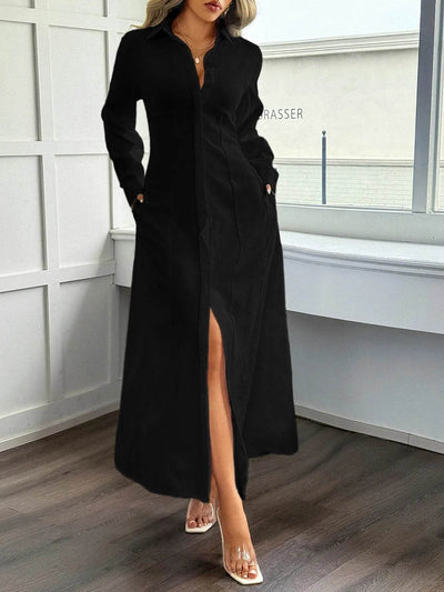 Slit Long Sleeve Maxi Shirt Dress - Ebony's Shopping