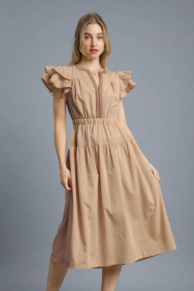 Umgee Ruffled Cap Sleeve Midi Dress with Contrast Trim Detail - Ebony's Shopping