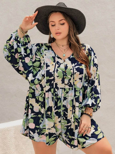 Plus Size Tied Printed Long Sleeve Romper - Ebony's Shopping