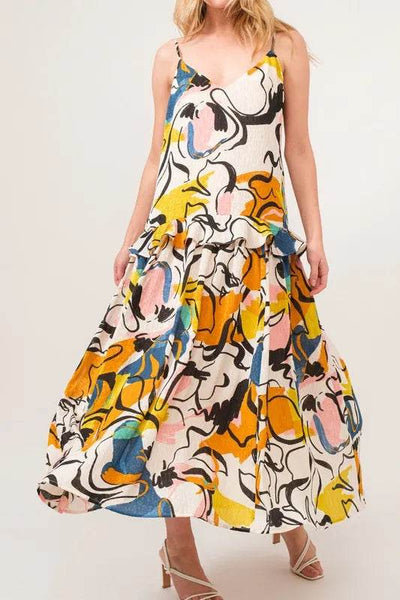 And The Why Ruffled Abstract Floral Printed Midi Cami Dress - Ebony's Shopping