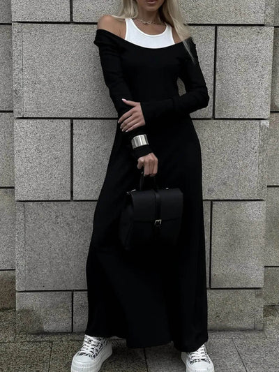 Contrast Long Sleeve Maxi Dress - Ebony's Shopping