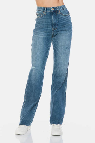 Judy Blue Full Size Tummy Control Cut Raw Hem Straight Jeans - Ebony's Shopping