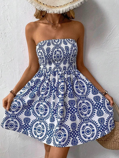 Smocked Printed Tube Mini Dress - Ebony's Shopping