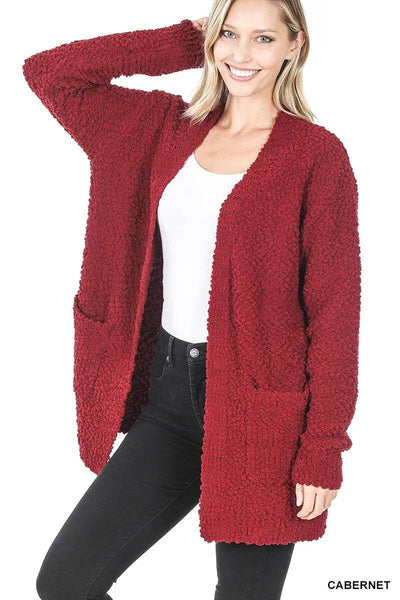 Zenana Long Sleeve Popcorn Sweater Cardigan with Pockets - Ebony's Shopping