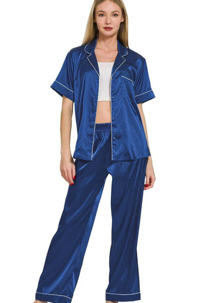 Zenana Satin Short Sleeve Top and Pants Pajama Set - Ebony's Shopping
