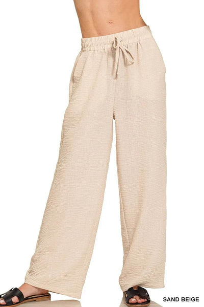Zenana Woven Crepe Elastic Band Pants - Ebony's Shopping