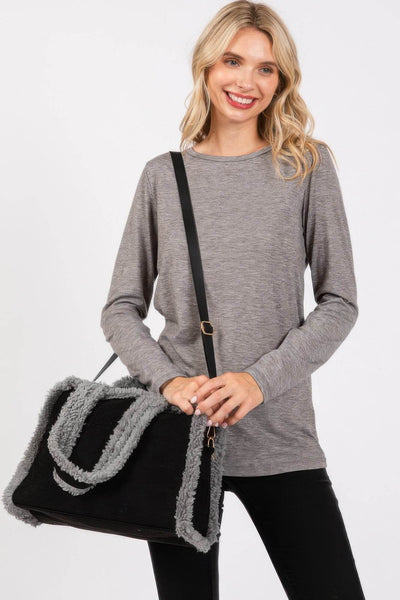 Fleece Trimmed Solid Tote And Crossbody Bag - Ebony's Shopping