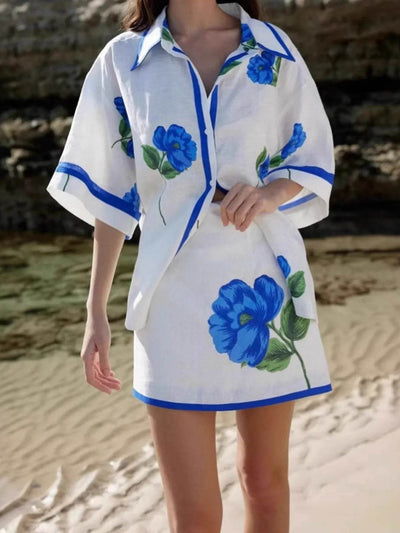 Floral Print Button-Up Shirt and Mini Skirt Set - Ebony's Shopping