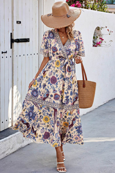 Floral Print Lace Trim Cross Belt A Line Dress - Ebony's Shopping