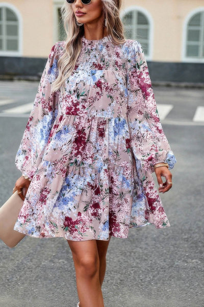 Floral Print Tiered Sleeve Ruffle Hem Smock Dress - Ebony's Shopping