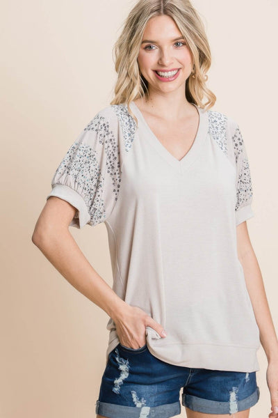 Floral Printed Puff Sleeves V-neck Top - Ebony's Shopping