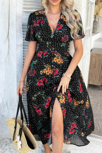 Floral V Neck Short Sleeve Tied Wrap Dress - Ebony's Shopping