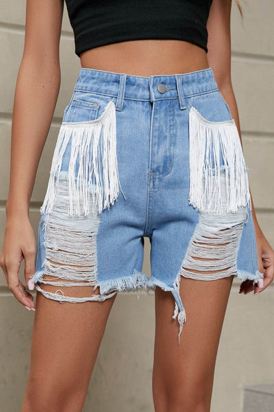 Fringe Trim Distressed Denim Shorts with Pockets - Ebony's Shopping