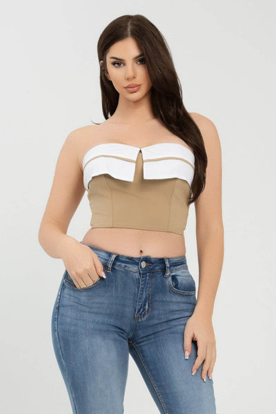 Front Fold-over Color Contrast Tube Top - Ebony's Shopping