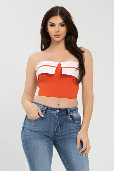 Front Fold-over Color Contrast Tube Top - Ebony's Shopping