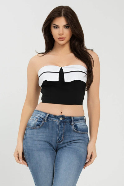 Front Fold-over Color Contrast Tube Top - Ebony's Shopping