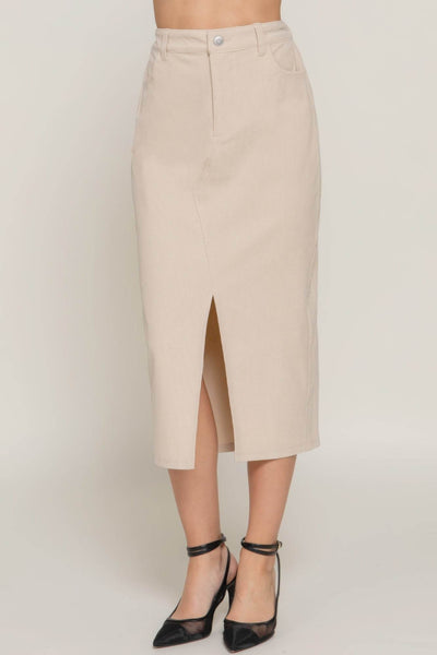 Front Open Slit Corduroy Midi Skirt - Ebony's Shopping
