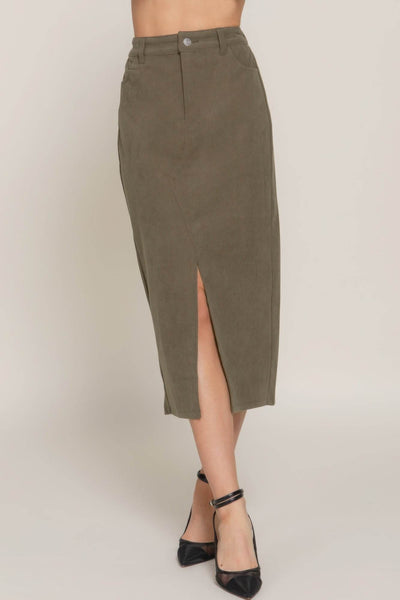 Front Open Slit Corduroy Midi Skirt - Ebony's Shopping