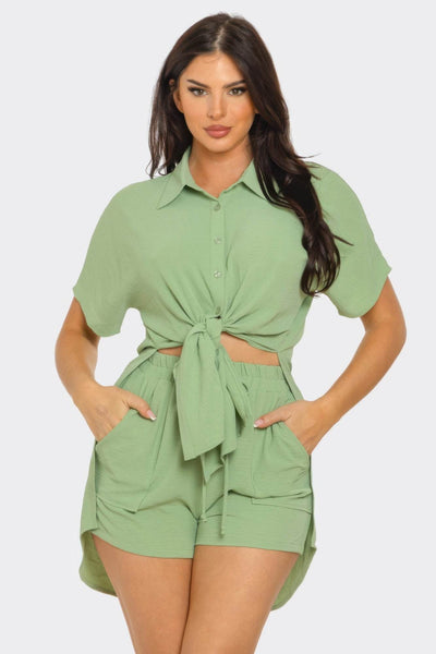 Front Tie Back Oversized Slit Top And Shorts Set - Ebony's Shopping