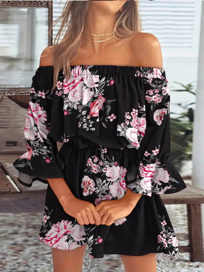 Full Size Floral Off-Shoulder Flounce Sleeve Mini Dress Plus Size - Ebony's Shopping