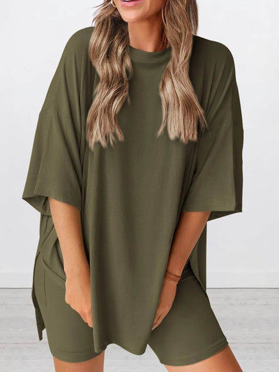 Full Size Oversized Slit Round Neck Top and Shorts Lounge Set Plus Size - Ebony's Shopping