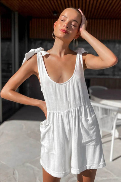 Full Size Scoop Neck Tie Shoulder Romper - Ebony's Shopping