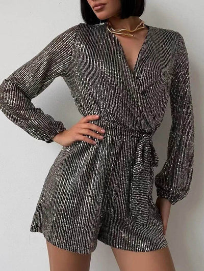Full Size Sequin Surplice Tie Waist Long Sleeve Romper - Ebony's Shopping